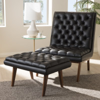 Baxton Studio BBT5272-Pine Black Set Annetha Mid-Century Modern Black Faux Leather Upholstered Walnut Finished Wood Chair And Ottoman Set